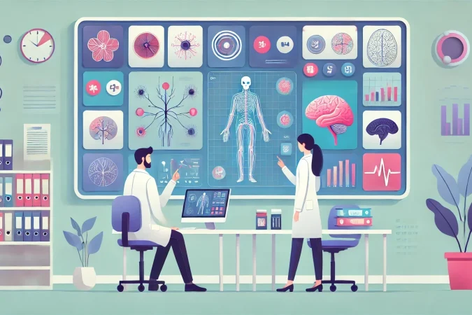 DALL·E 2025-01-06 19.50.04 - A flat vector illustration in 3_2 dimensions using light pastel but bright colors. The scene features two medical characters in a modern educational s