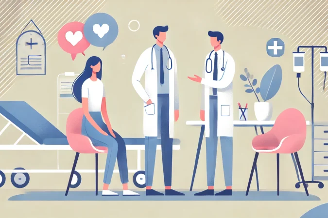 DALL·E 2025-01-06 20.49.33 - Flat vector illustration of medical characters in a modern psychiatric hospital, with a doctor and a nurse conversing with a patient in a calm and sup