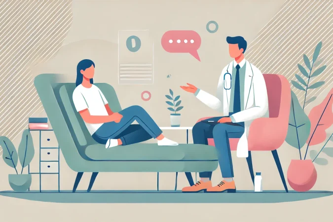 DALL·E 2025-01-06 20.52.18 - Flat vector illustration of a medical psychologist in a modern setting, talking with a patient comfortably reclining on a sofa. The characters are dep