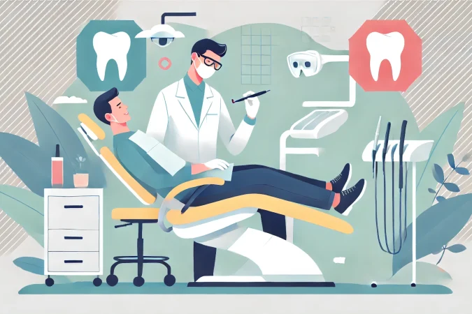 DALL·E 2025-01-06 20.53.46 - Flat vector illustration of a medical dentist in a modern setting, repairing the teeth of a patient comfortably reclining on a dentist chair. The char