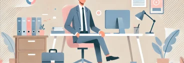 DALL·E 2025-01-06 20.57.05 – Flat vector illustration of a modern boss sitting on a chair near a computer in a professional setting. The character is depicted in light pastel but Medicinos Vadyba