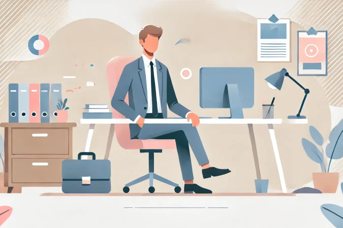 DALL·E 2025-01-06 20.57.05 – Flat vector illustration of a modern boss sitting on a chair near a computer in a professional setting. The character is depicted in light pastel but DALL·E 2025-01-06 20.57.05 - Flat vector illustration of a modern boss sitting on a chair near a computer in a professional setting. The character is depicted in light pastel but