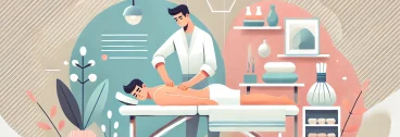 DALL·E 2025-01-06 20.59.14 – Flat vector illustration of a massage therapist providing a massage to a patient in a modern setting. The massage therapist is depicted working on the Masažas