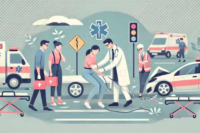 DALL·E 2025-01-06 21.05.31 - Flat vector illustration of a paramedic saving the life of a patient after a car accident. The paramedic is actively providing emergency care while a