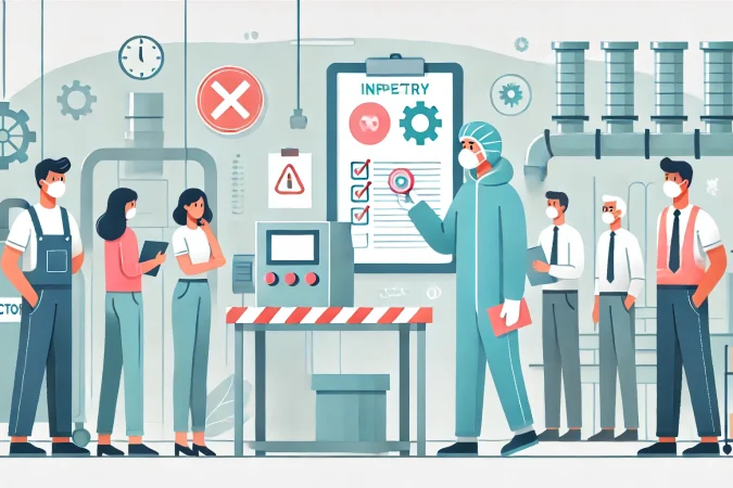 DALL·E 2025-01-06 21.12.06 - Flat vector illustration of a hygienist inspecting a factory for medical conditions in a professional setting. The hygienist is actively examining the