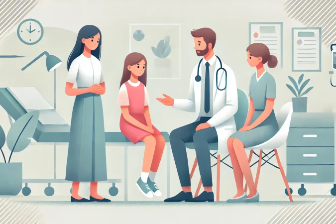 DALL·E 2025-01-07 05.22.09 - Flat vector illustration of a doctor talking with the family of a patient, including a young girl, in a professional setting. The doctor is engaged in