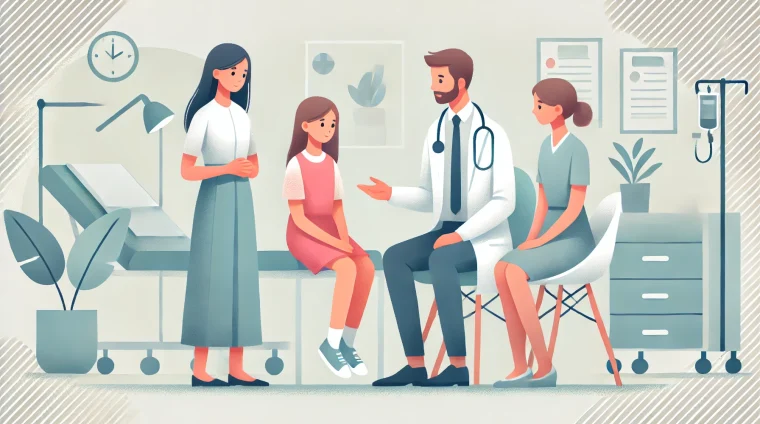 DALL·E 2025-01-07 05.22.09 – Flat vector illustration of a doctor talking with the family of a patient, including a young girl, in a professional setting. The doctor is engaged in DALL·E 2025-01-07 05.22.09 - Flat vector illustration of a doctor talking with the family of a patient, including a young girl, in a professional setting. The doctor is engaged in