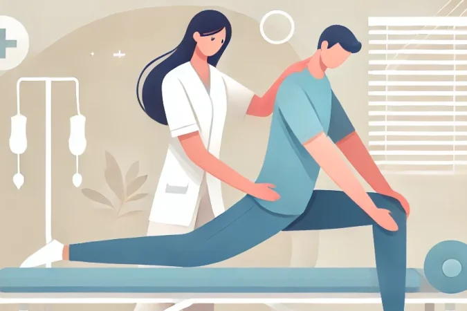 DALL·E 2025-01-07 06.03.32 - Flat vector illustration of a physiotherapist helping a patient who is laying on a bed perform a stretching exercise in a professional setting. The ch