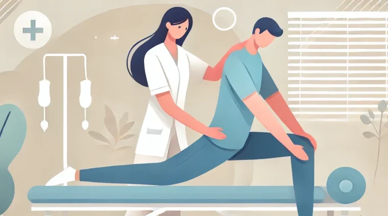 DALL·E 2025-01-07 06.03.32 – Flat vector illustration of a physiotherapist helping a patient who is laying on a bed perform a stretching exercise in a professional setting. The ch DALL·E 2025-01-07 06.03.32 - Flat vector illustration of a physiotherapist helping a patient who is laying on a bed perform a stretching exercise in a professional setting. The ch